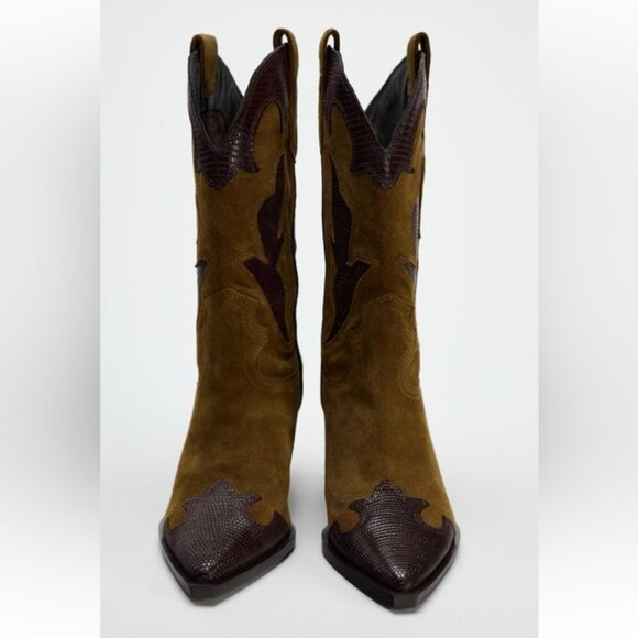 ZARA HEELED COMBINATION SUEDE KNEE HIGH BOOTS